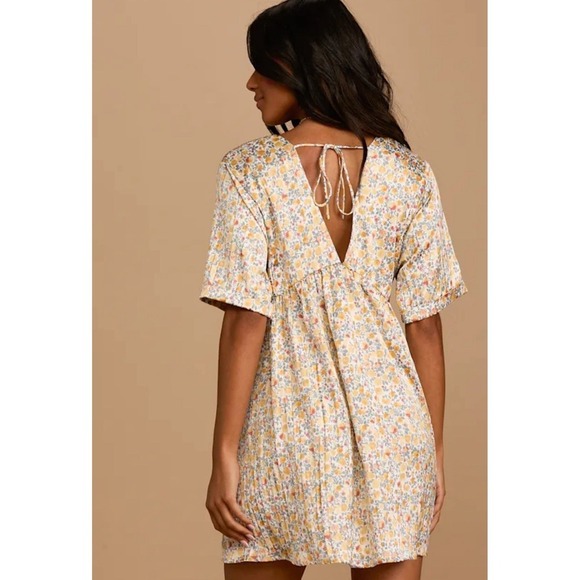 Lulus Express Yourself Yellow Floral Print Satin Babydoll Dress XL V-Neck/Back - Picture 2 of 15